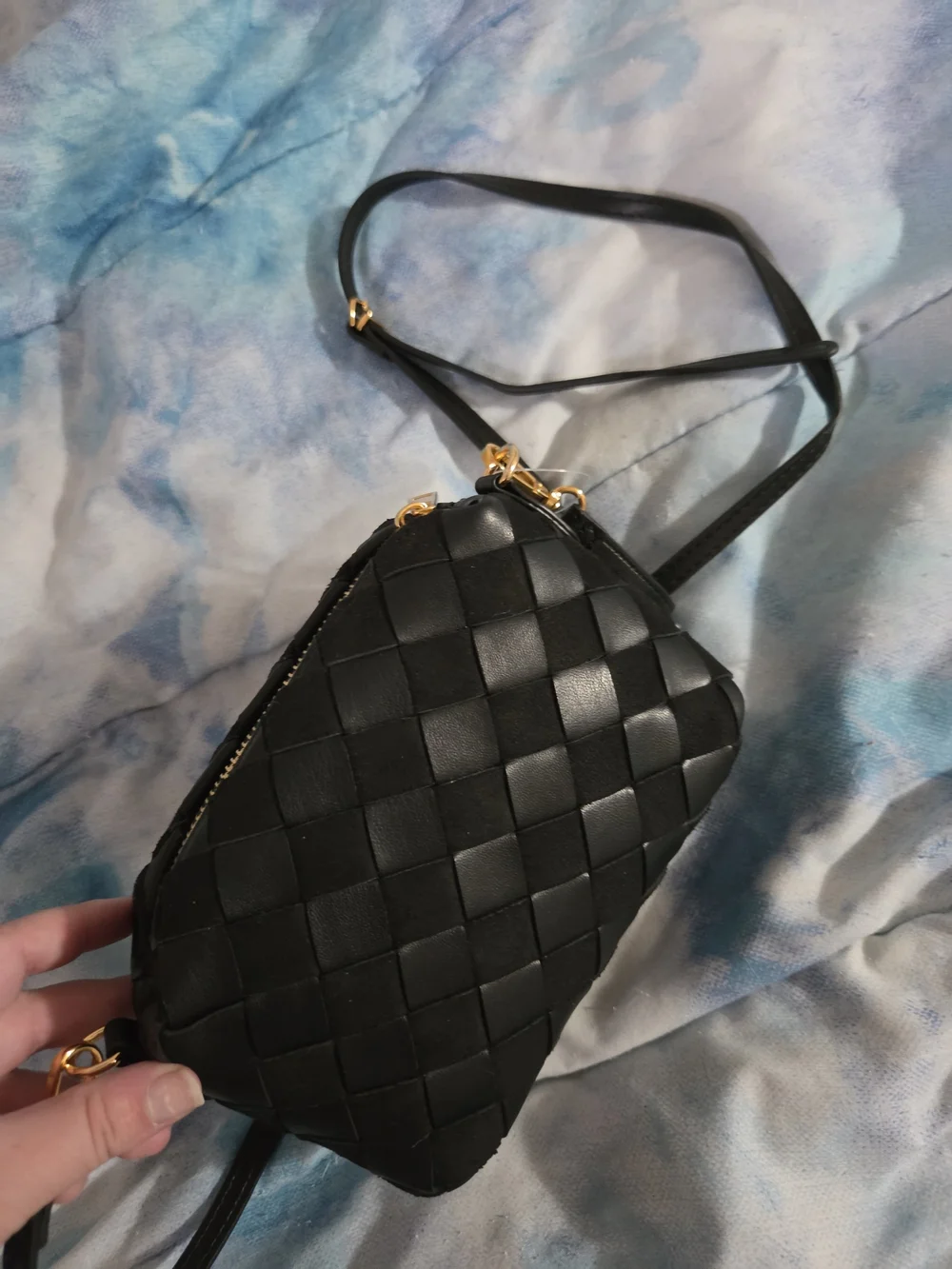 Time and Tru Black Woven Crossbody with Gold Hardware